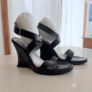 Women's Black Leather Wedge Sandals with Crisscross Straps